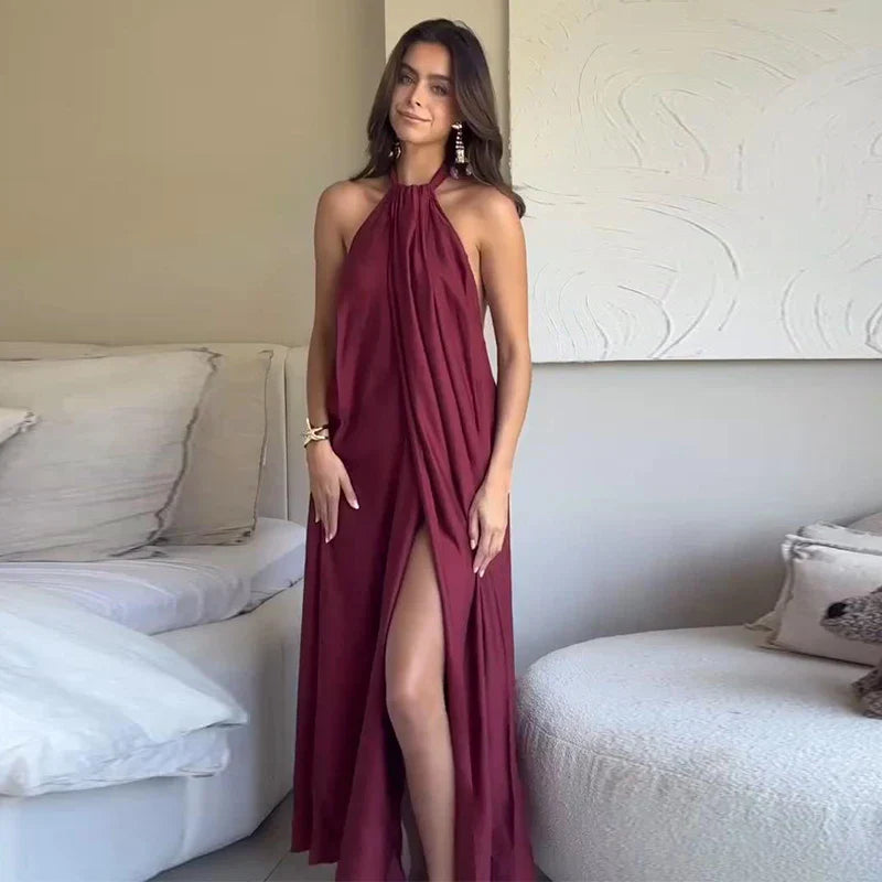 Damen Ärmelloses Maxi-Kleid mit Halter-Ausschnitt und Raffung mit offener Vorderseite