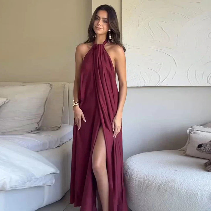 Damen Ärmelloses Maxi-Kleid mit Halter-Ausschnitt und Raffung mit offener Vorderseite