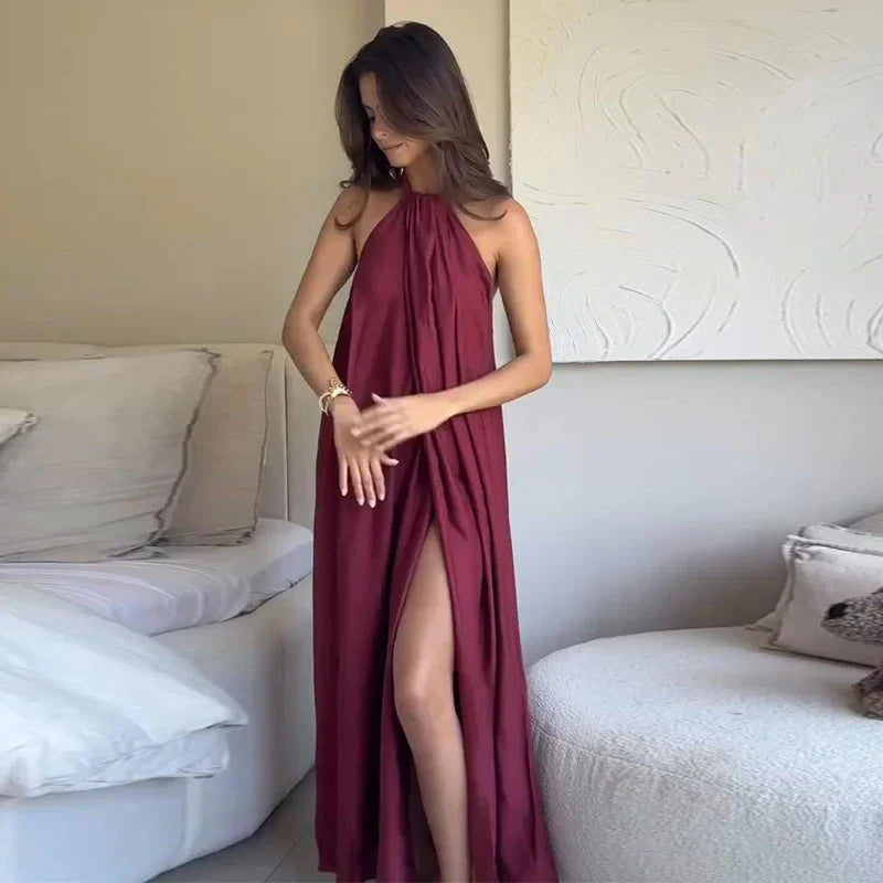 Damen Ärmelloses Maxi-Kleid mit Halter-Ausschnitt und Raffung mit offener Vorderseite