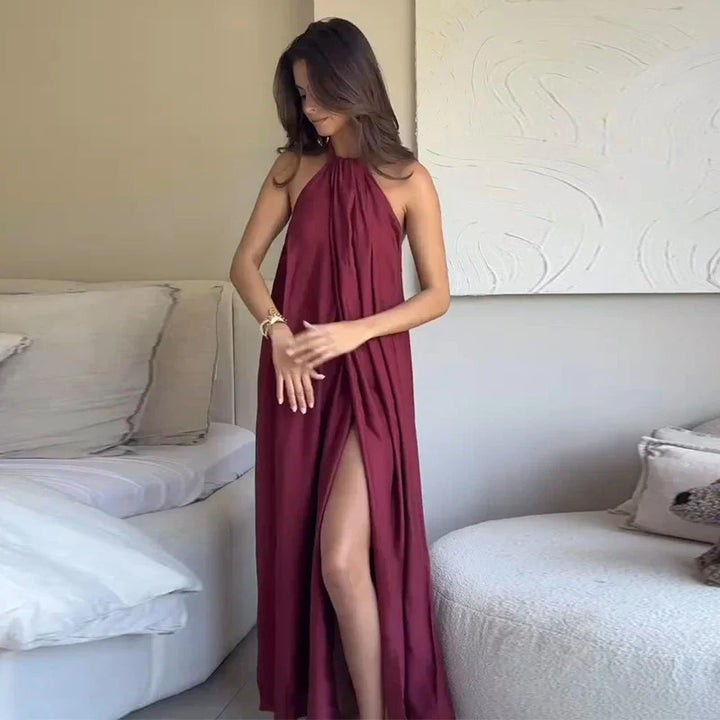 Damen Ärmelloses Maxi-Kleid mit Halter-Ausschnitt und Raffung mit offener Vorderseite