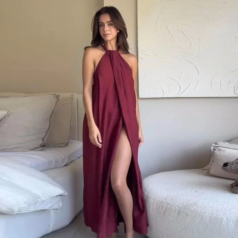 Damen Ärmelloses Maxi-Kleid mit Halter-Ausschnitt und Raffung mit offener Vorderseite