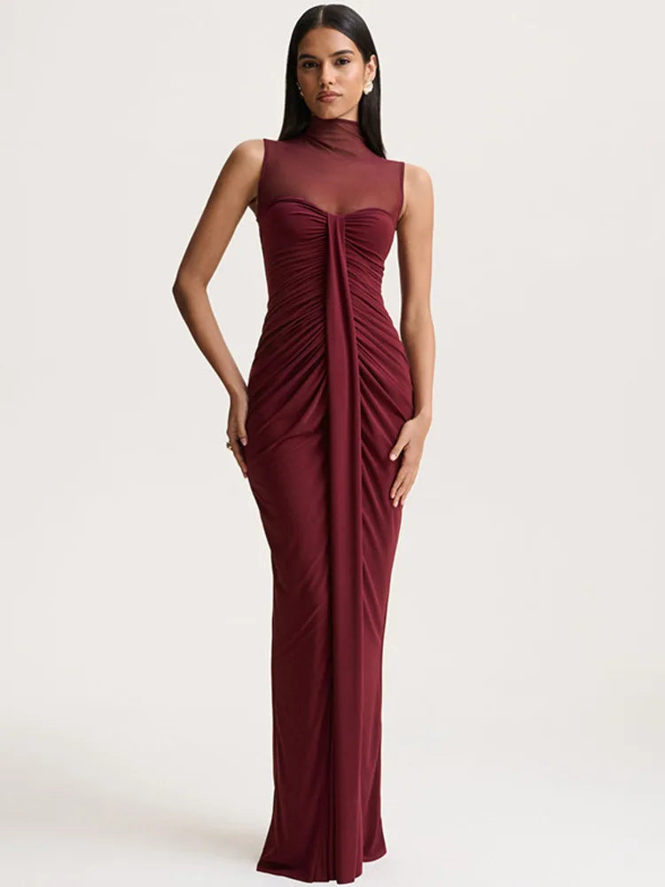 Damen Ärmelloses Maxi-Kleid mit hohem Ausschnitt und transparentem Mesh-Einsatz mit Raffungen an der Vorderseite