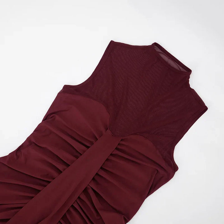 Damen Ärmelloses Maxi-Kleid mit hohem Ausschnitt und transparentem Mesh-Einsatz mit Raffungen an der Vorderseite