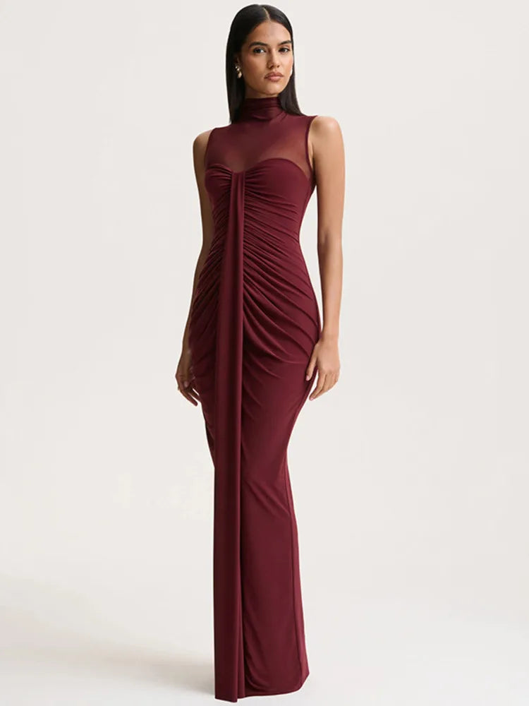 Damen Ärmelloses Maxi-Kleid mit hohem Ausschnitt und transparentem Mesh-Einsatz mit Raffungen an der Vorderseite