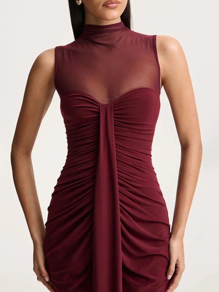 Damen Ärmelloses Maxi-Kleid mit hohem Ausschnitt und transparentem Mesh-Einsatz mit Raffungen an der Vorderseite
