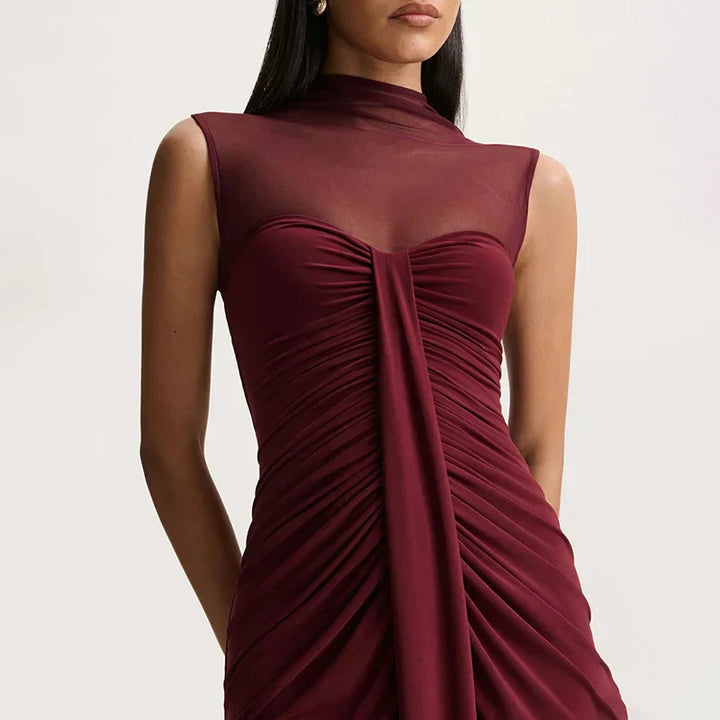 Damen Ärmelloses Maxi-Kleid mit hohem Ausschnitt und transparentem Mesh-Einsatz mit Raffungen an der Vorderseite