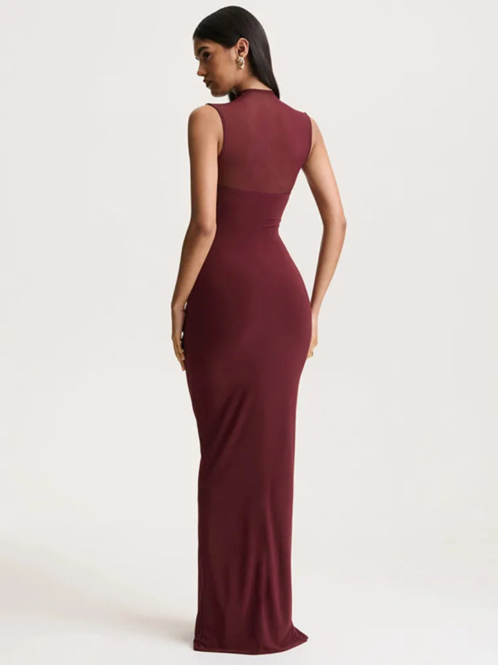 Damen Ärmelloses Maxi-Kleid mit hohem Ausschnitt und transparentem Mesh-Einsatz mit Raffungen an der Vorderseite