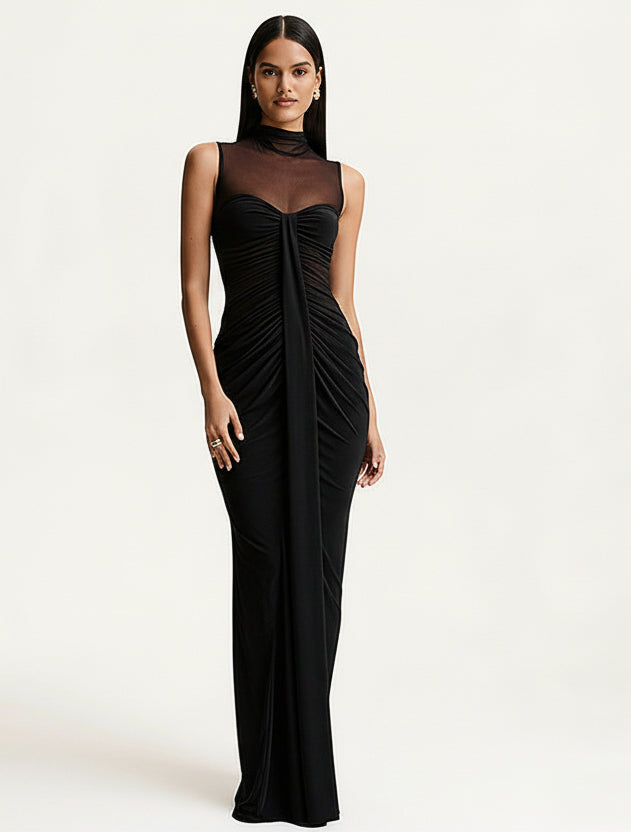 Damen Ärmelloses Maxi-Kleid mit hohem Ausschnitt und transparentem Mesh-Einsatz mit Raffungen an der Vorderseite