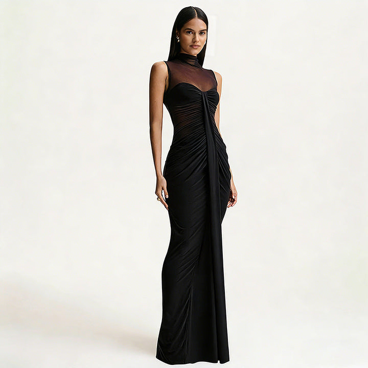 Damen Ärmelloses Maxi-Kleid mit hohem Ausschnitt und transparentem Mesh-Einsatz mit Raffungen an der Vorderseite
