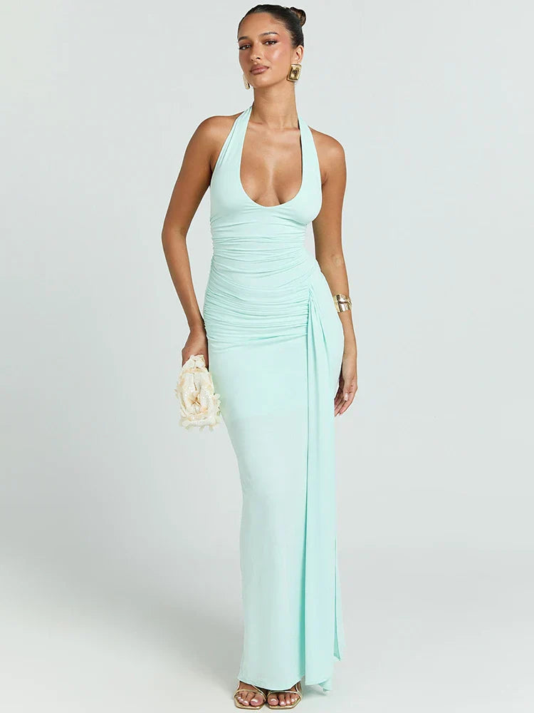 Damen Ärmelloses Maxi-Kleid mit tiefem Halter-V-Ausschnitt und Trägern mit Raffungen und offenem Rücken