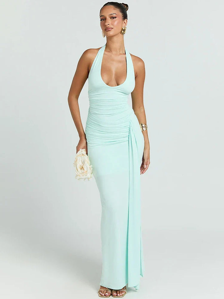 Damen Ärmelloses Maxi-Kleid mit tiefem Halter-V-Ausschnitt und Trägern mit Raffungen und offenem Rücken