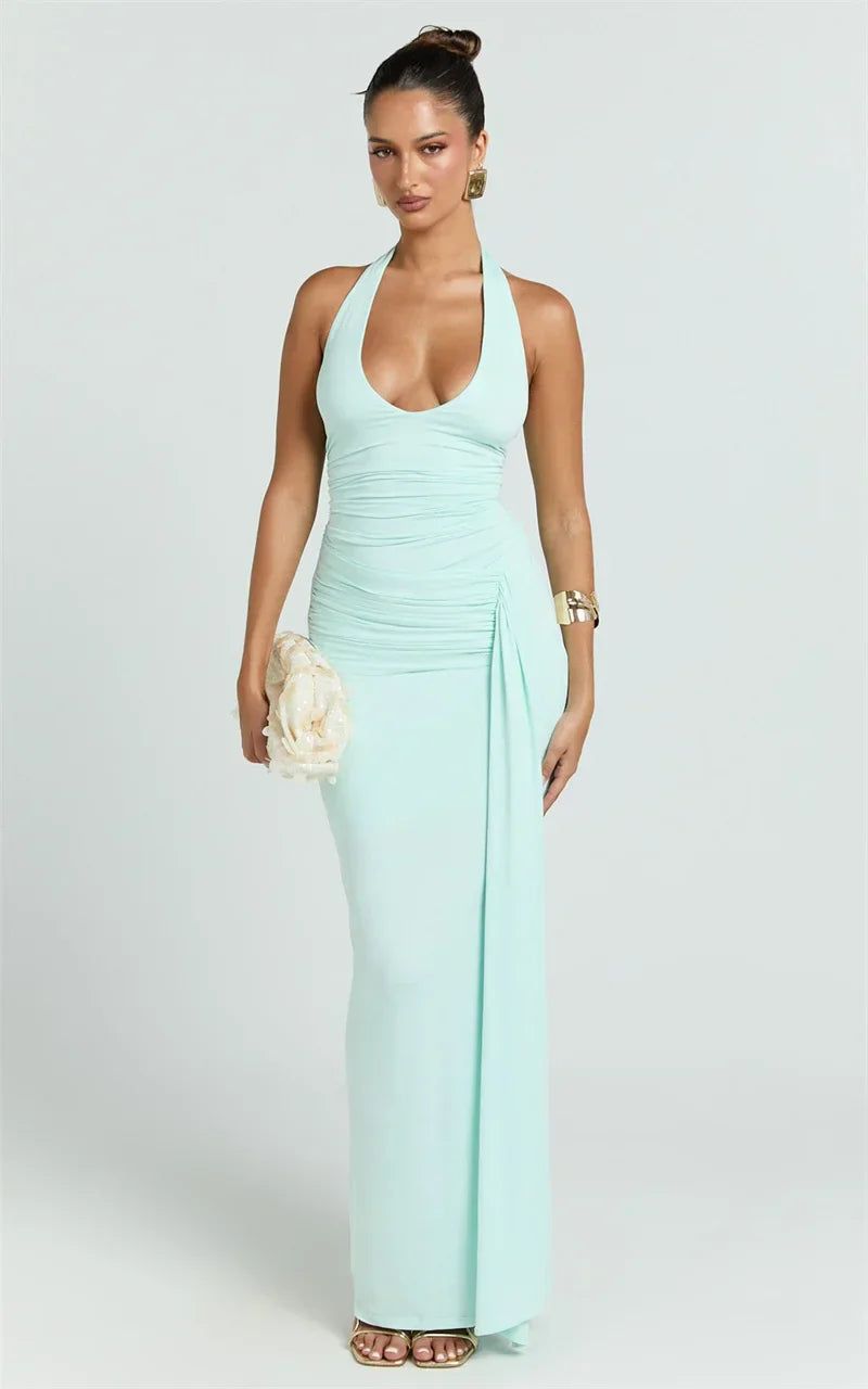 Damen Ärmelloses Maxi-Kleid mit tiefem Halter-V-Ausschnitt und Trägern mit Raffungen und offenem Rücken