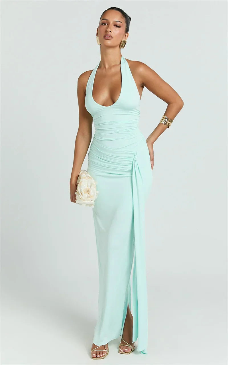 Damen Ärmelloses Maxi-Kleid mit tiefem Halter-V-Ausschnitt und Trägern mit Raffungen und offenem Rücken