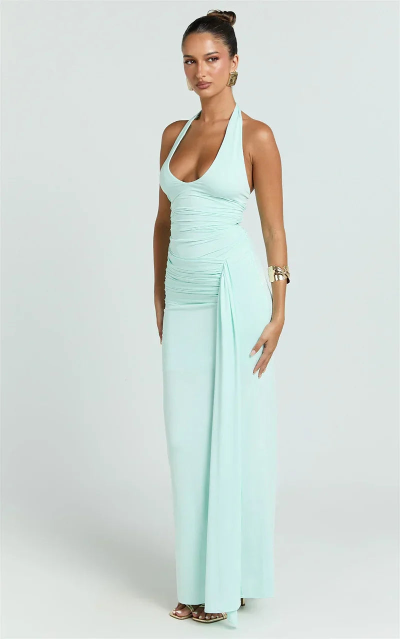 Damen Ärmelloses Maxi-Kleid mit tiefem Halter-V-Ausschnitt und Trägern mit Raffungen und offenem Rücken