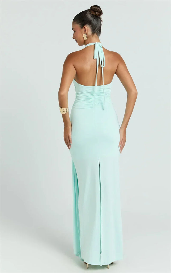 Damen Ärmelloses Maxi-Kleid mit tiefem Halter-V-Ausschnitt und Trägern mit Raffungen und offenem Rücken