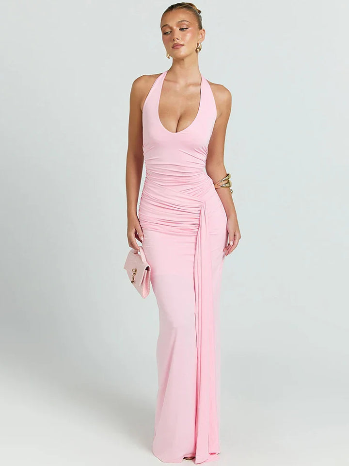 Damen Ärmelloses Maxi-Kleid mit tiefem Halter-V-Ausschnitt und Trägern mit Raffungen und offenem Rücken