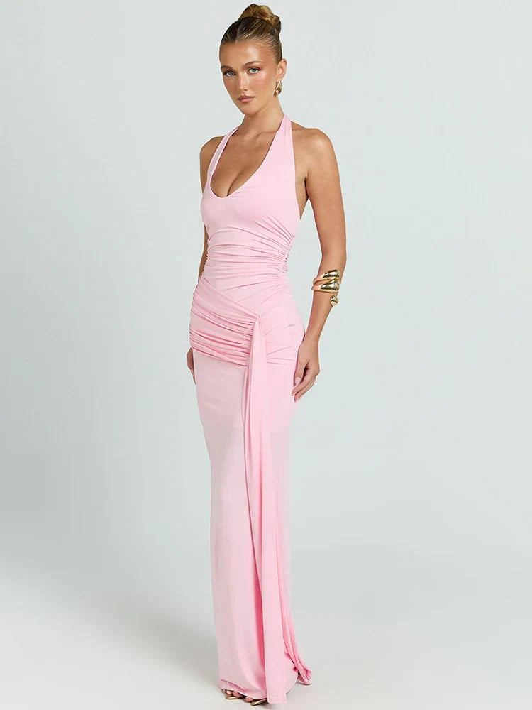 Damen Ärmelloses Maxi-Kleid mit tiefem Halter-V-Ausschnitt und Trägern mit Raffungen und offenem Rücken