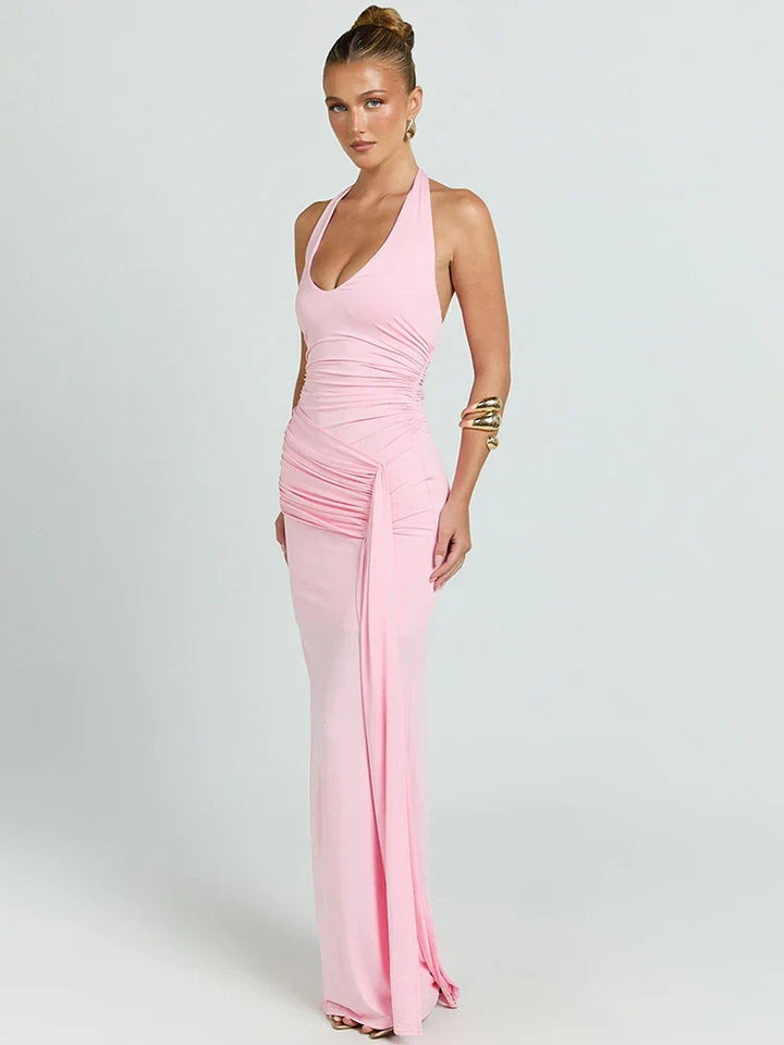 Damen Ärmelloses Maxi-Kleid mit tiefem Halter-V-Ausschnitt und Trägern mit Raffungen und offenem Rücken