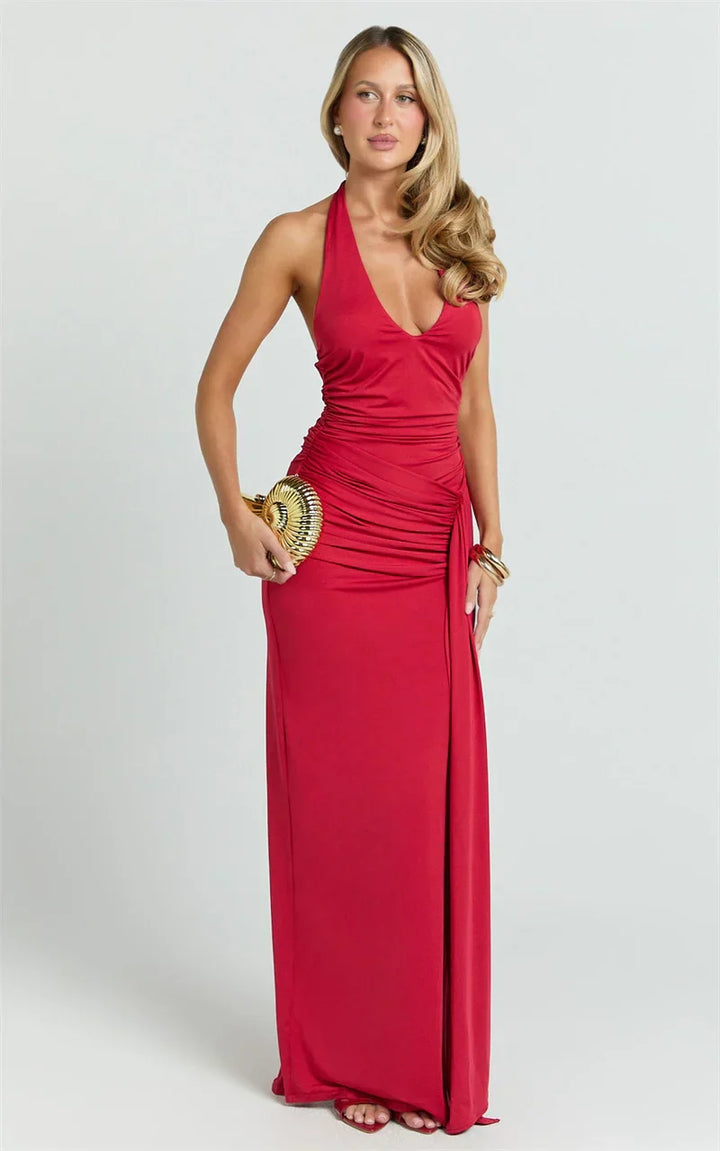 Damen Ärmelloses Maxi-Kleid mit tiefem Halter-V-Ausschnitt und Trägern mit Raffungen und offenem Rücken