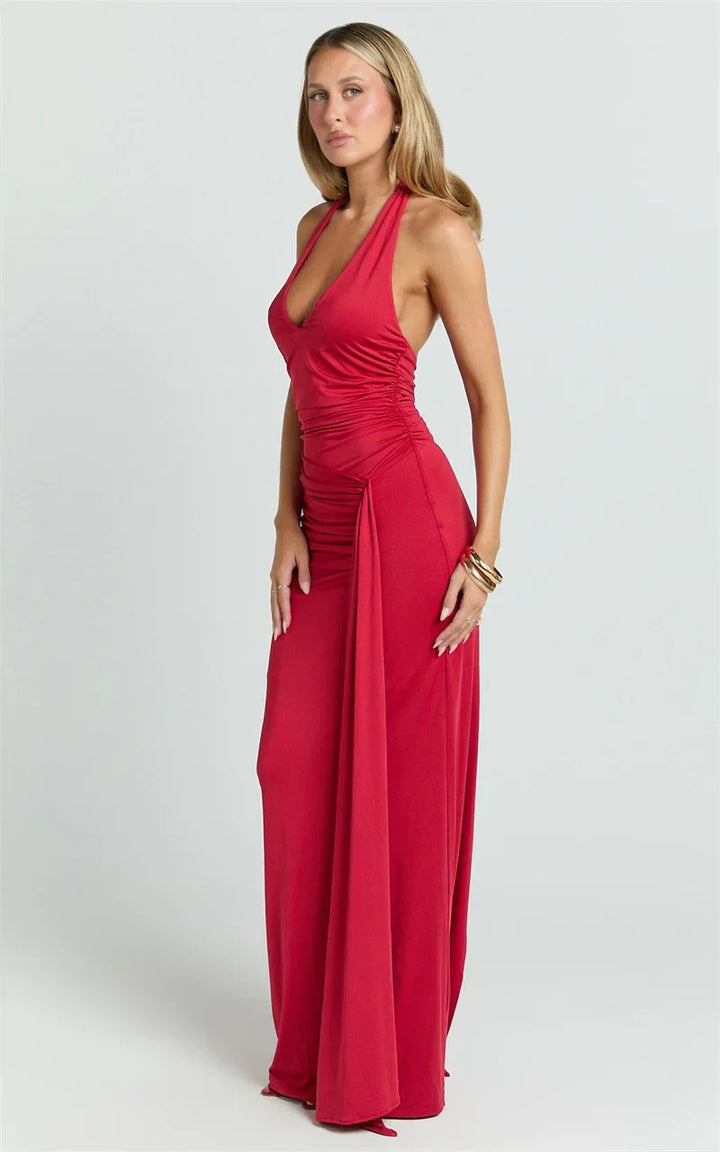 Damen Ärmelloses Maxi-Kleid mit tiefem Halter-V-Ausschnitt und Trägern mit Raffungen und offenem Rücken