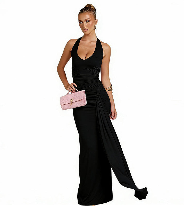 Damen Ärmelloses Maxi-Kleid mit tiefem Halter-V-Ausschnitt und Trägern mit Raffungen und offenem Rücken