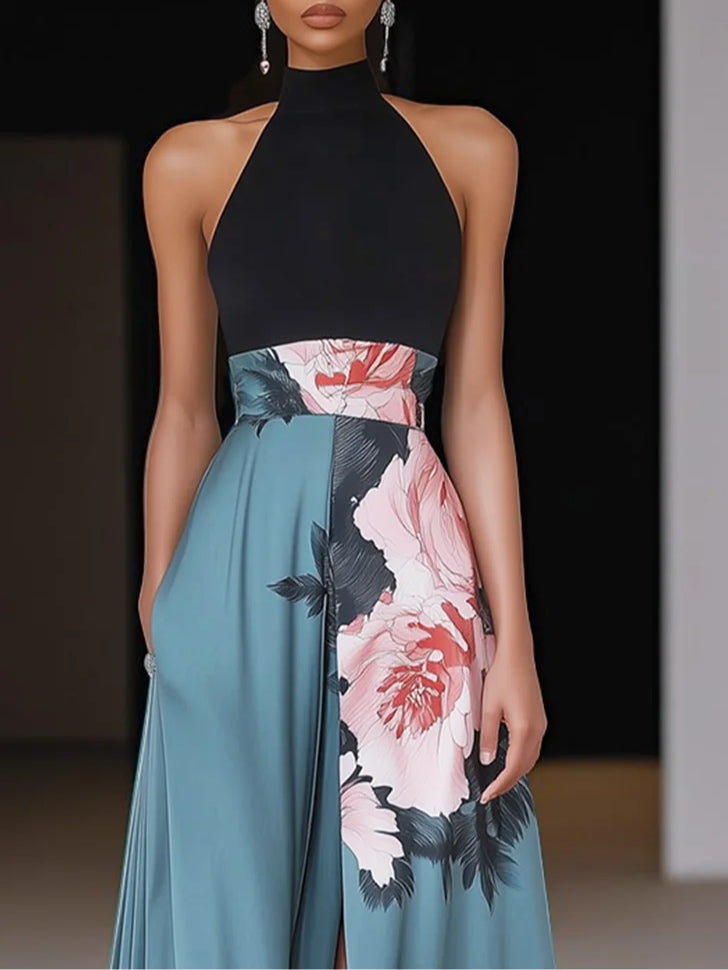 Damen Ärmelloses Maxikleid mit Neckholder-Kragen und Blumenmuster mit Seitenschlitz