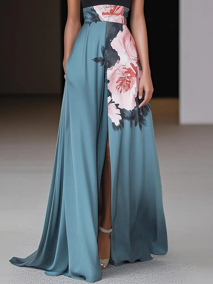 Damen Ärmelloses Maxikleid mit Neckholder-Kragen und Blumenmuster mit Seitenschlitz