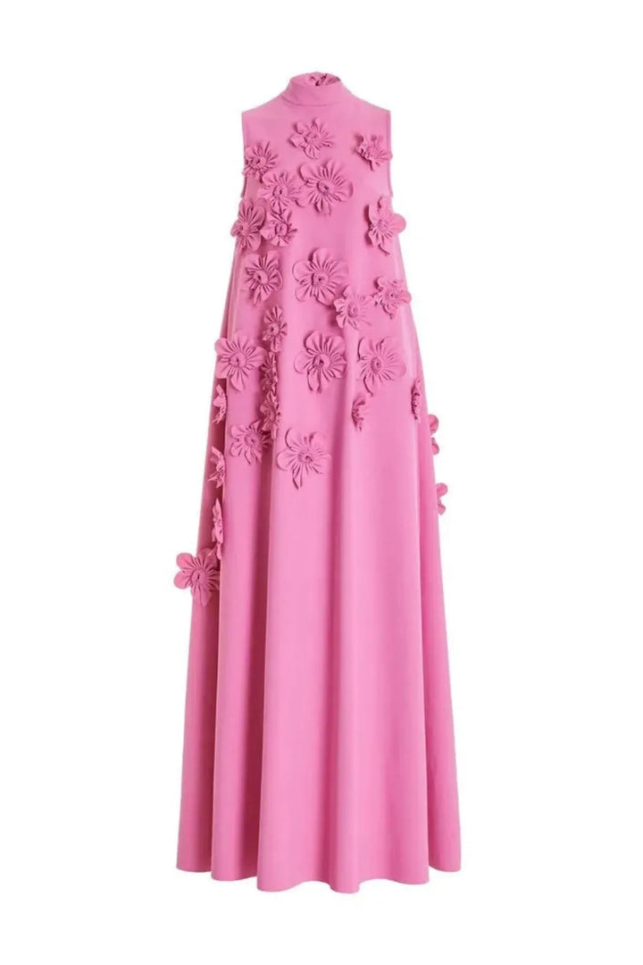 Damen Ärmelloses Maxikleid mit Stehkragen Blumenapplikationen und Nackenschleife