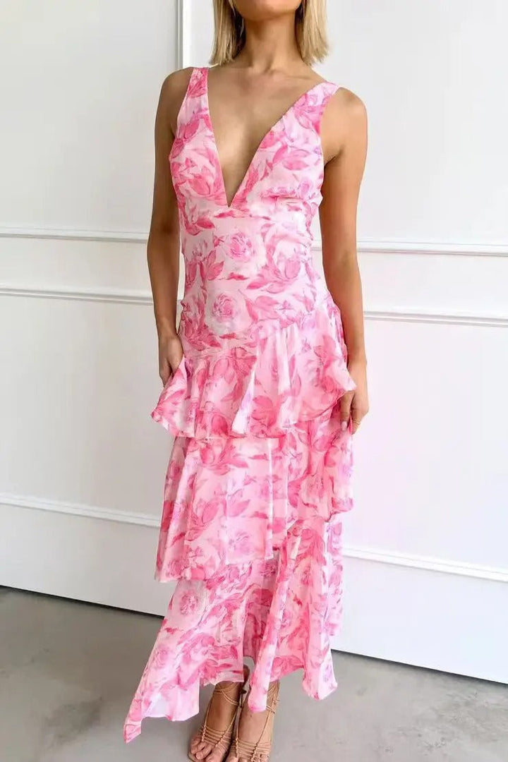 Damen Ärmelloses Maxikleid mit Tiefem V-Dekolleté Rüschenlagen und Gekreuzten Rückenträgern