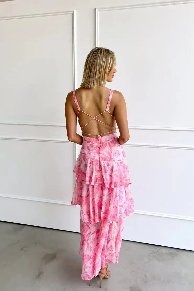 Damen Ärmelloses Maxikleid mit Tiefem V-Dekolleté Rüschenlagen und Gekreuzten Rückenträgern