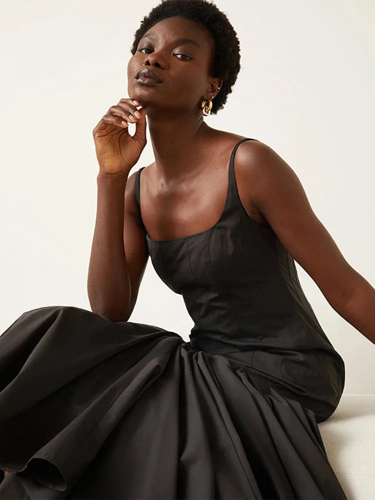 Damen Ärmelloses Midi-Kleid mit eckigem Ausschnitt und Trägern mit gefälteltem Rüschenrock