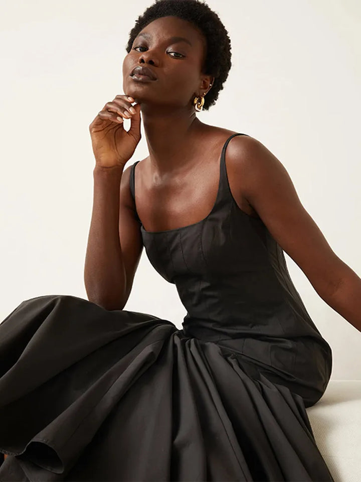 Damen Ärmelloses Midi-Kleid mit eckigem Ausschnitt und Trägern mit gefälteltem Rüschenrock