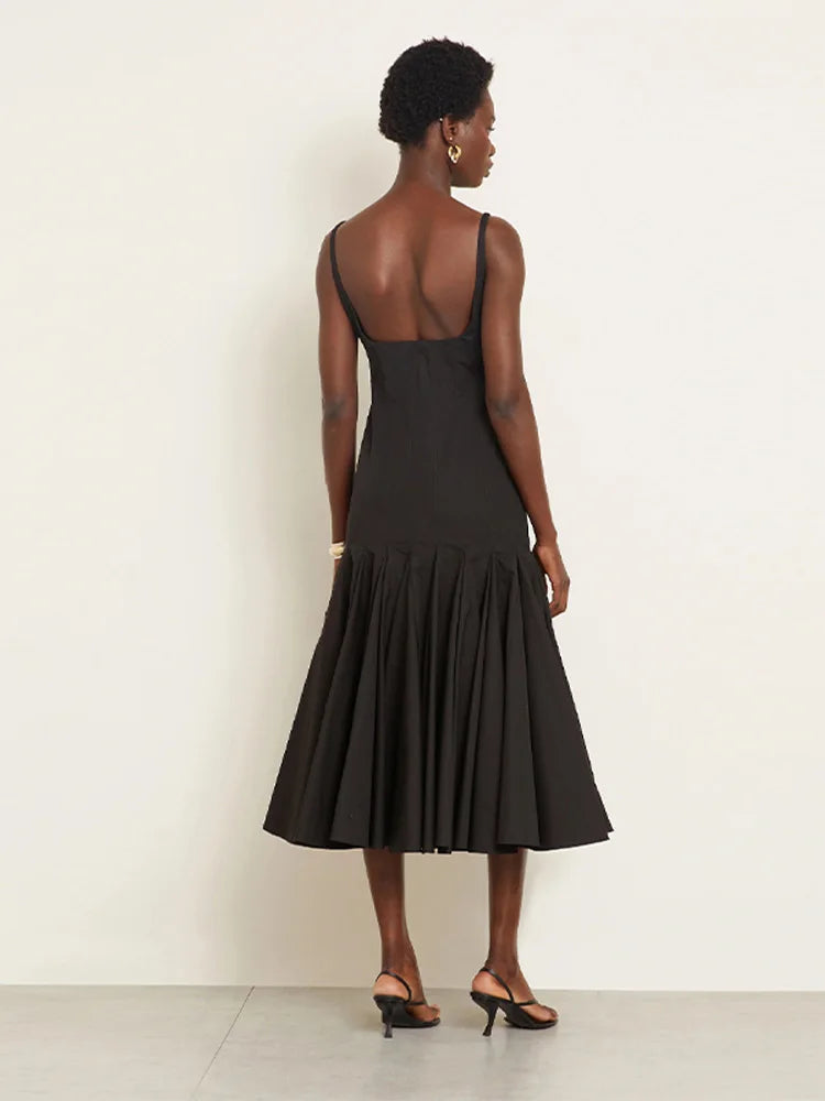 Damen Ärmelloses Midi-Kleid mit eckigem Ausschnitt und Trägern mit gefälteltem Rüschenrock