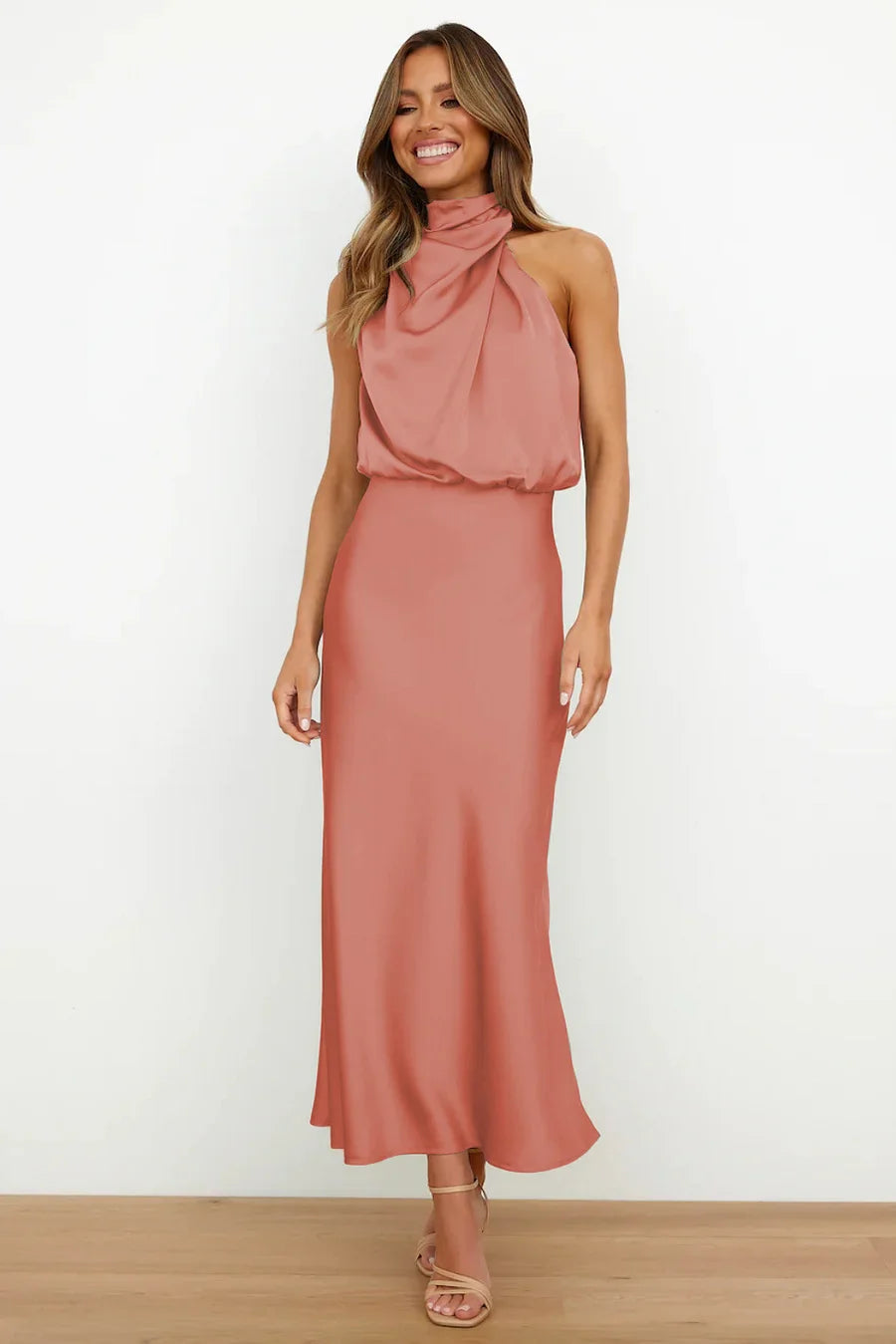 Damen Ärmelloses Midikleid mit Hohem Kragen und Drapierung in Satinoptik