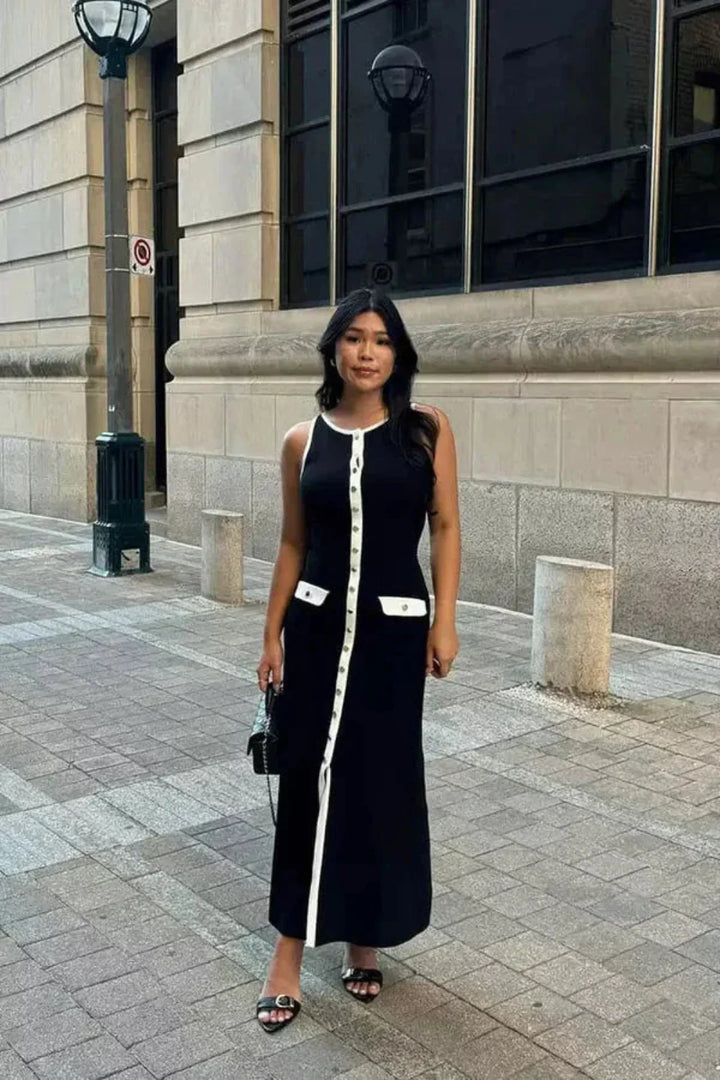 Damen Ärmelloses Midikleid mit Rundhals Knopfleiste Taschenklappen und Kontrastbesatz
