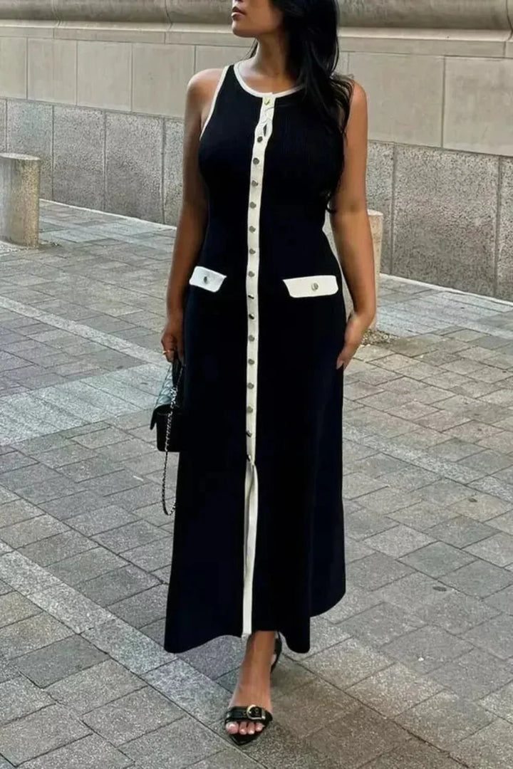 Damen Ärmelloses Midikleid mit Rundhals Knopfleiste Taschenklappen und Kontrastbesatz