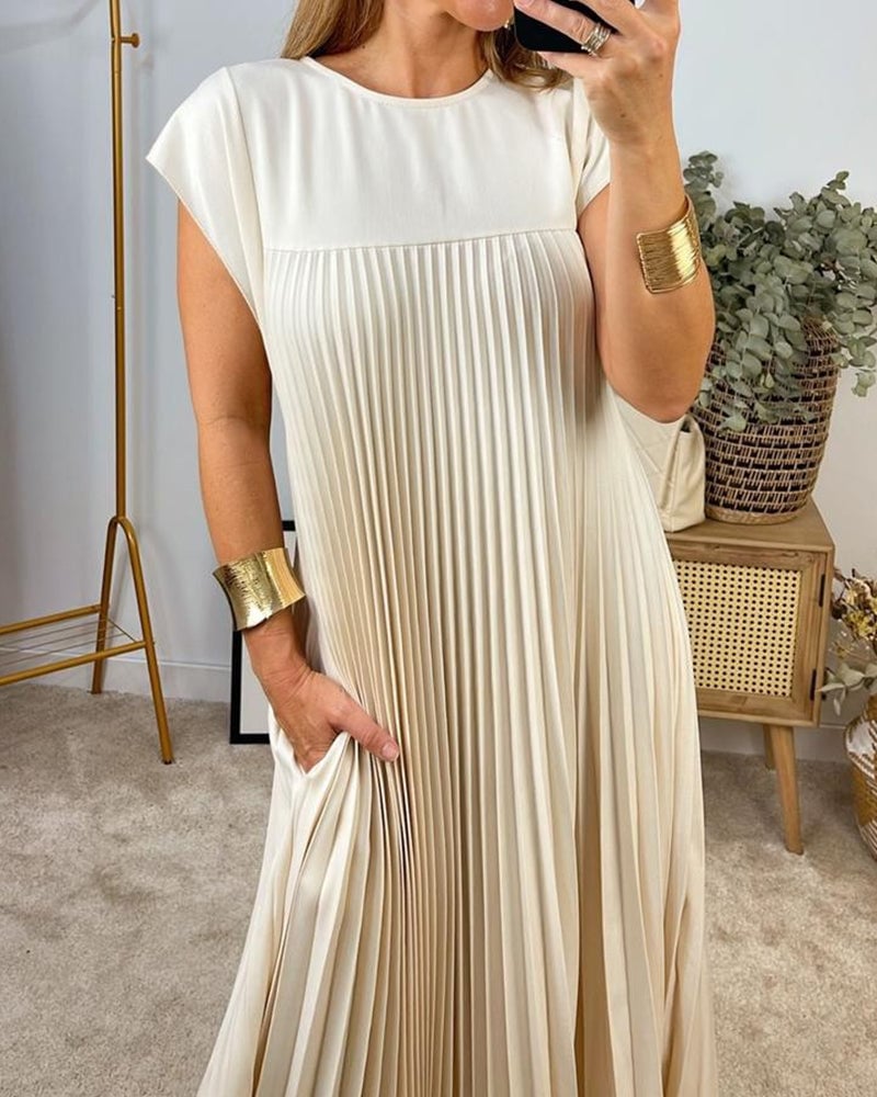 Damen Ärmelloses Plissee-Maxikleid mit Rundhals und Seitentasche