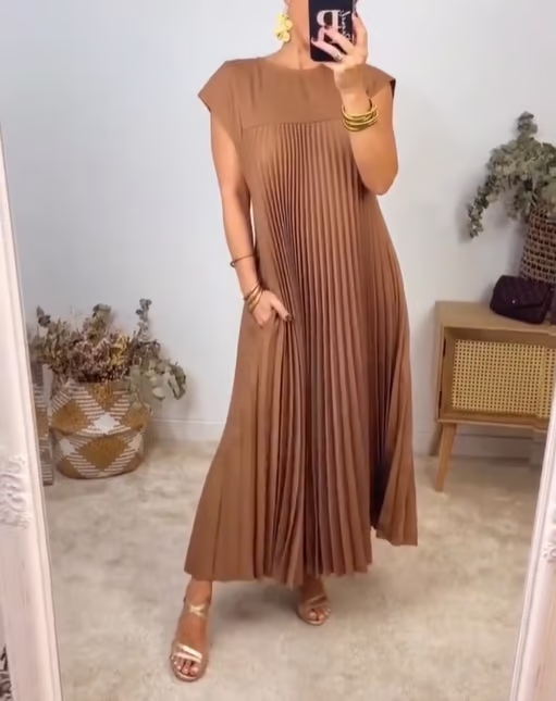 Damen Ärmelloses Plissee-Maxikleid mit Rundhals und Seitentasche