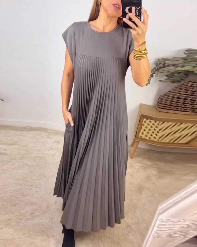 Damen Ärmelloses Plissee-Maxikleid mit Rundhals und Seitentasche