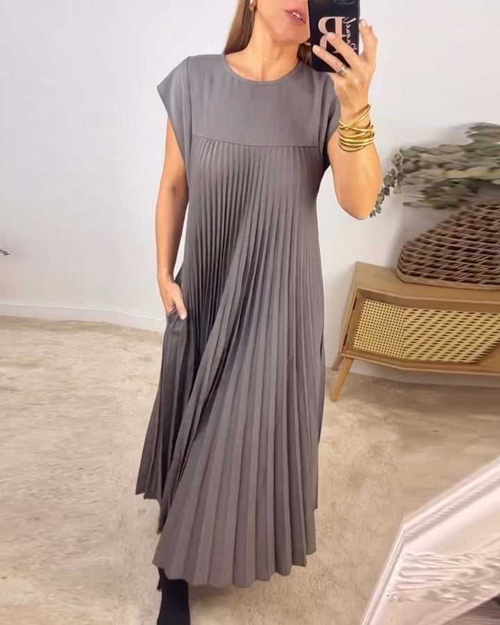 Damen Ärmelloses Plissee-Maxikleid mit Rundhals und Seitentasche