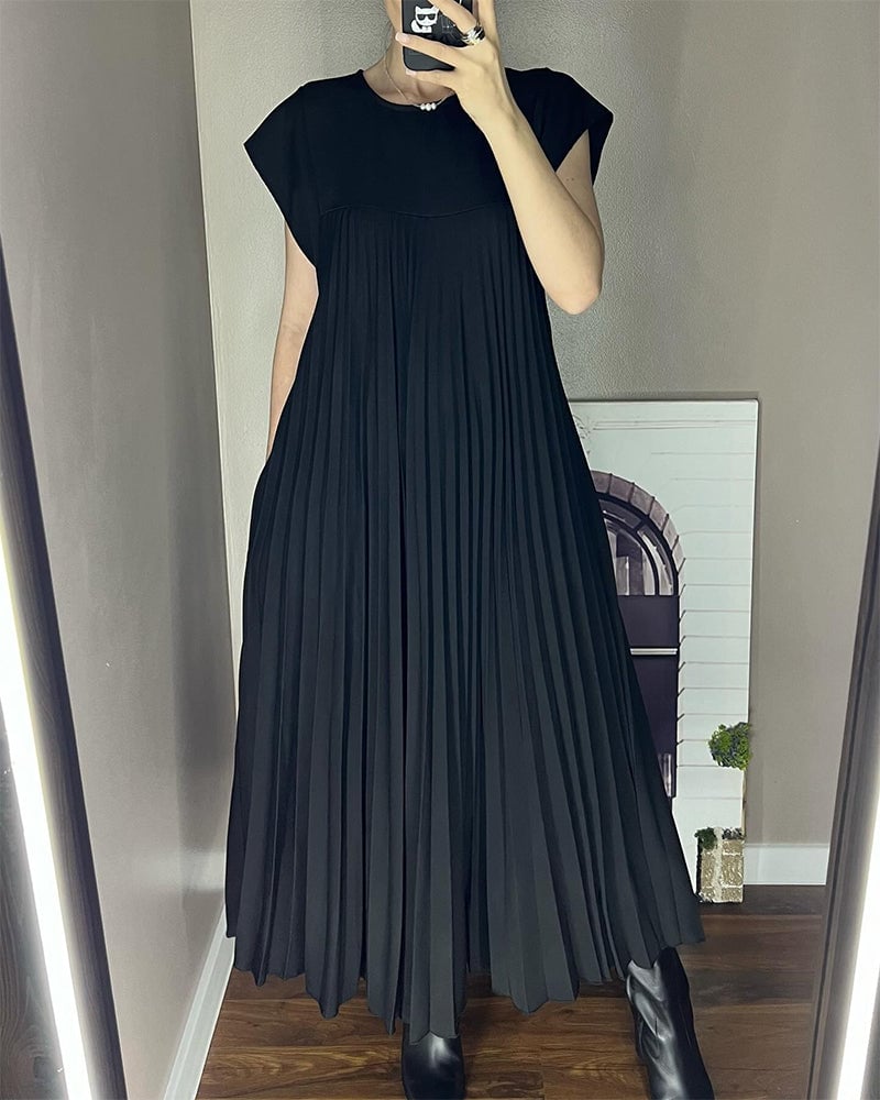 Damen Ärmelloses Plissee-Maxikleid mit Rundhals und Seitentasche