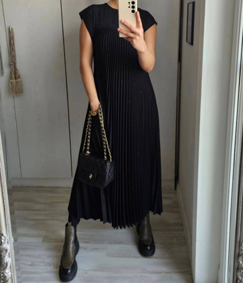 Damen Ärmelloses Plissee-Maxikleid mit Rundhals und Seitentasche