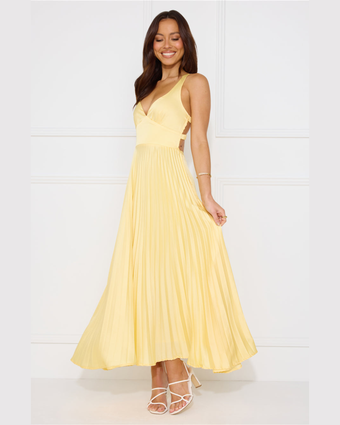 Damen Ärmelloses Plissee-Maxikleid mit V-Ausschnitt und Gekreuzten Rückenträgern