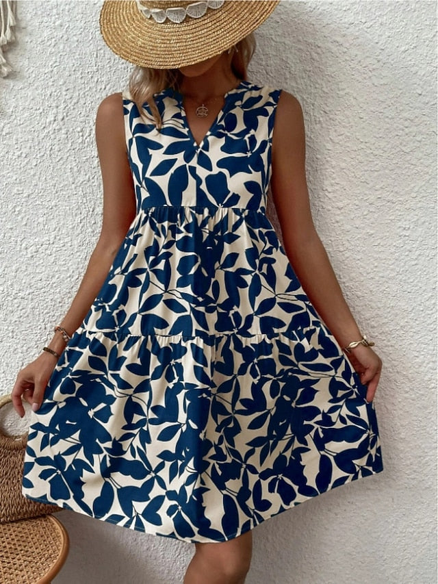 Damen Ärmelloses Stufenkleid mit V-Dekolleté und Blättermuster