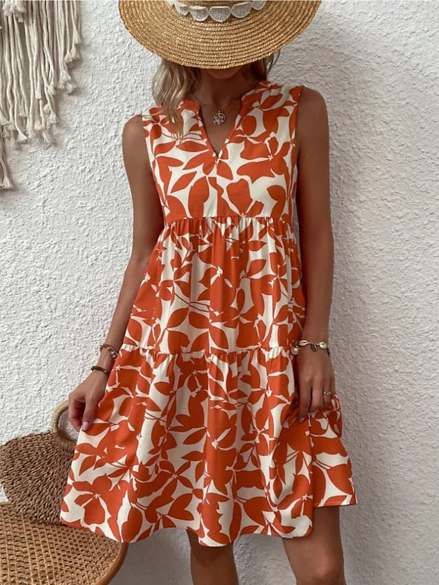 Damen Ärmelloses Stufenkleid mit V-Dekolleté und Blättermuster