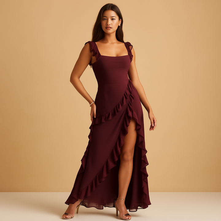 Damen Asymmetrisches Kleid mit Rüschenbesatz und eckigem Ausschnitt-Maxi Dress-Alpenkind