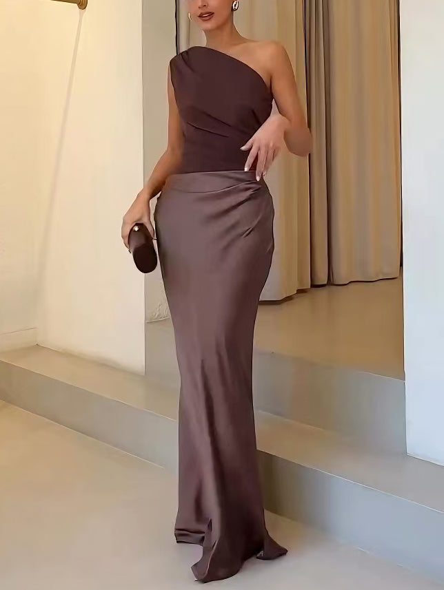 Damen Asymmetrisches Maxikleid mit Einschulterträger und Drapiertem Oberteil und Hüftraffung