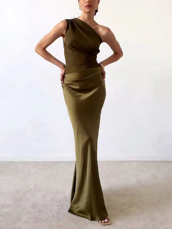 Damen Asymmetrisches Maxikleid mit Einschulterträger und Drapiertem Oberteil und Hüftraffung