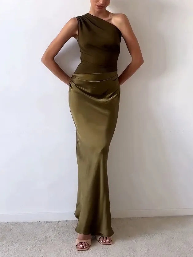 Damen Asymmetrisches Maxikleid mit Einschulterträger und Drapiertem Oberteil und Hüftraffung