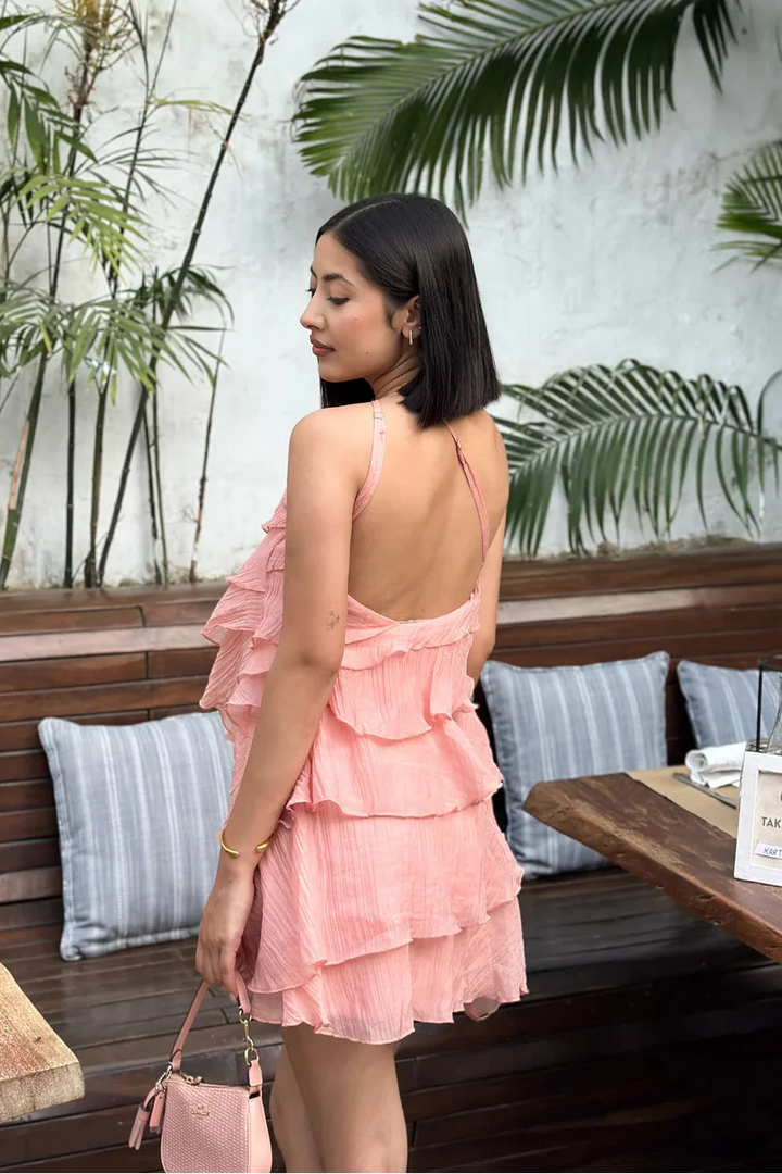 Damen Asymmetrisches Minikleid mit Rüschenlagen und Spaghettiträgern